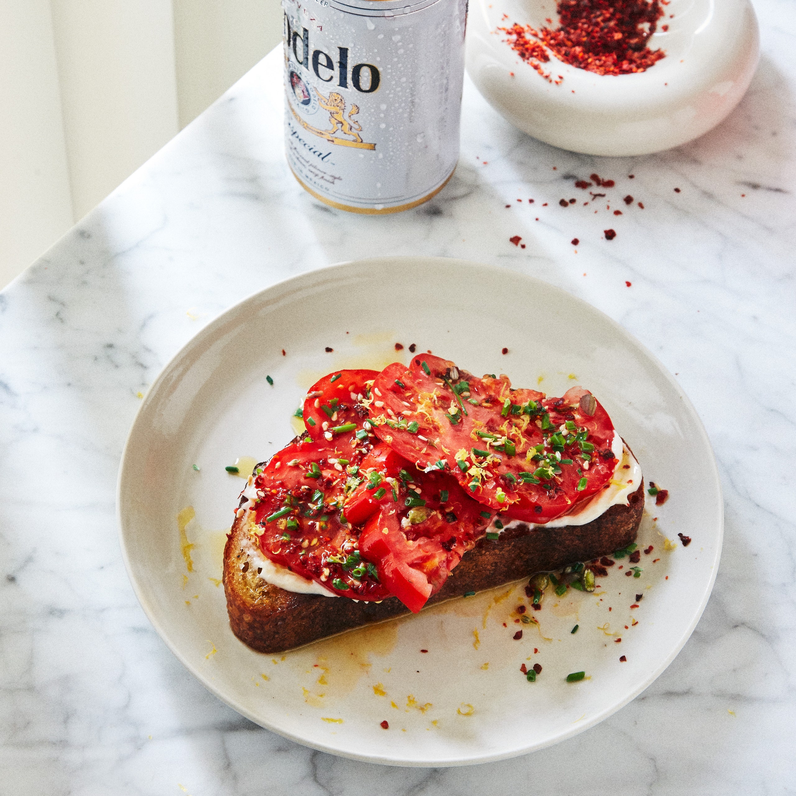 Tomato Toast With Chives and Sesame Seeds